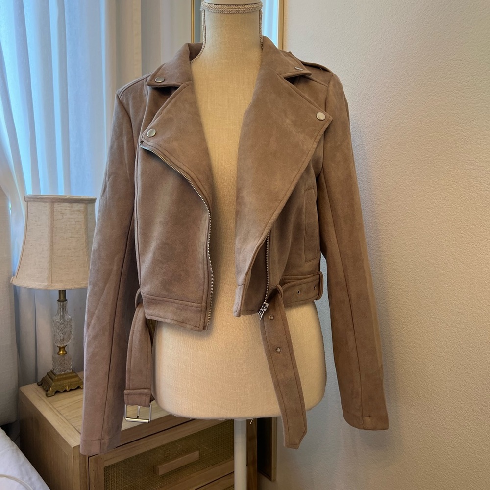 Missguided bonded suede biker taupe brown jacket slight cropped